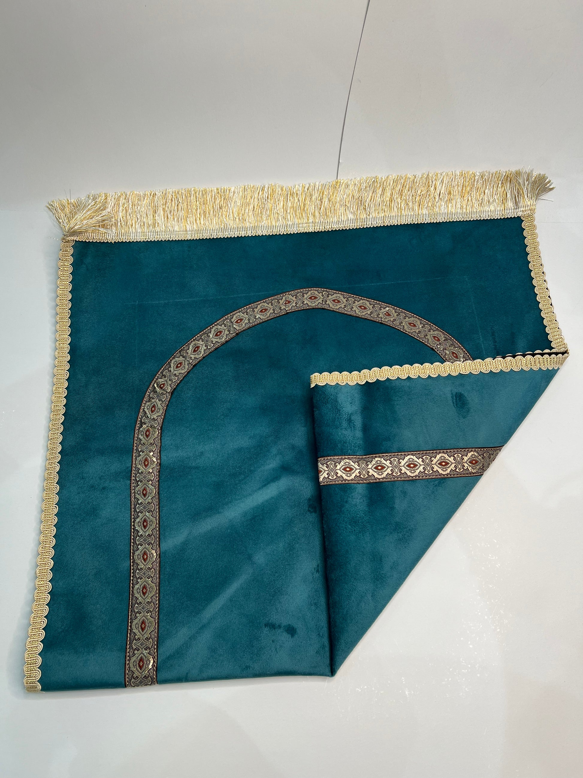 tapis de prière bab mansour turquoise foncé velours maroc