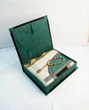 coffret cadeau religieux vert royal avec tapis tasbih et mibkhara
