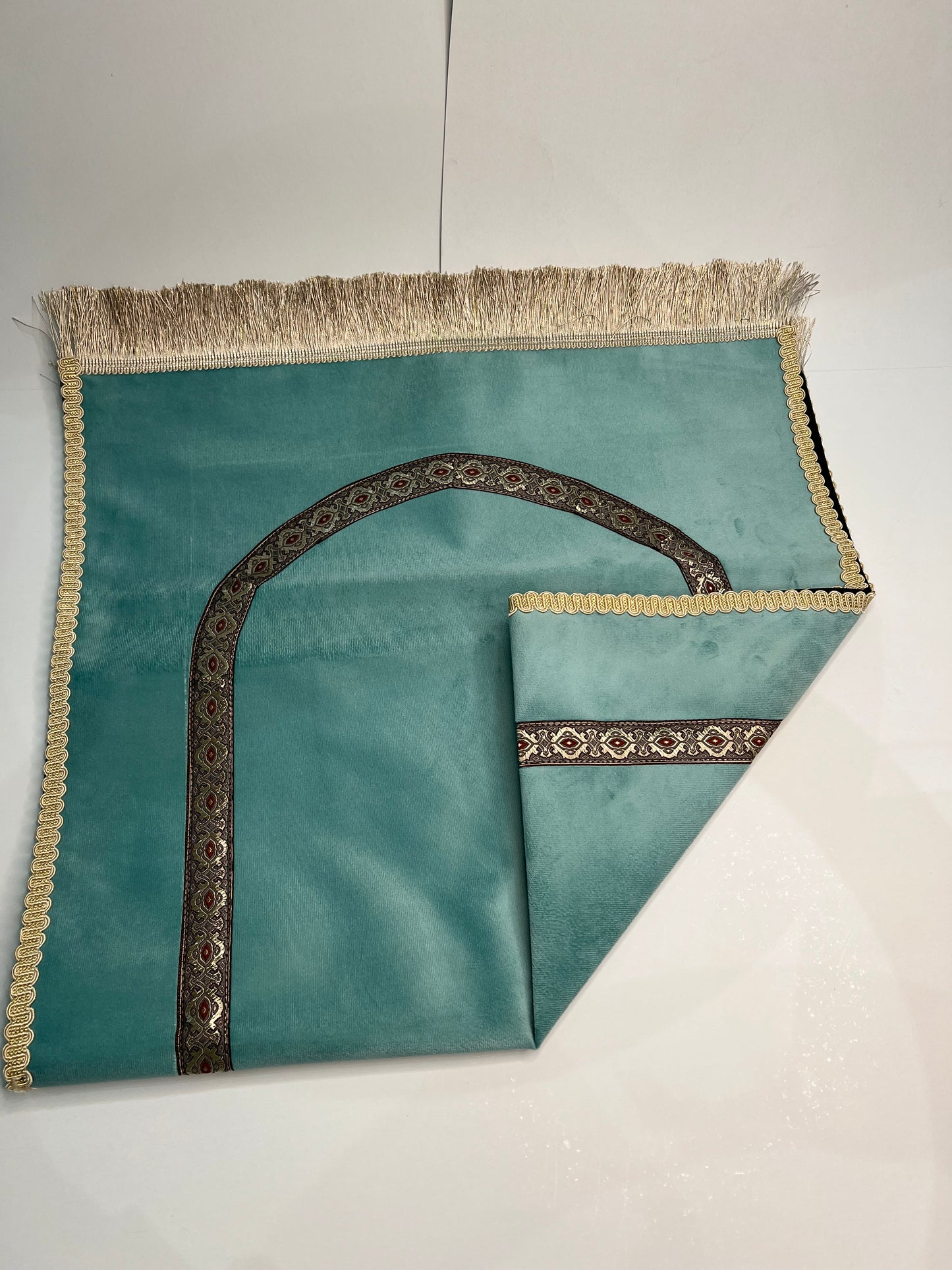 tapis de prière bab mansour turquoise clair velours maroc