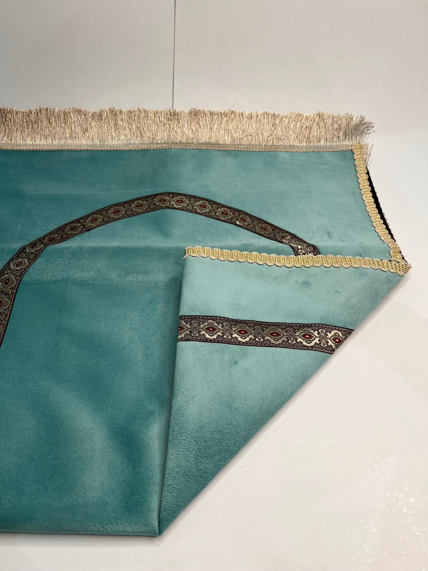 tapis de prière bab mansour turquoise clair velours maroc