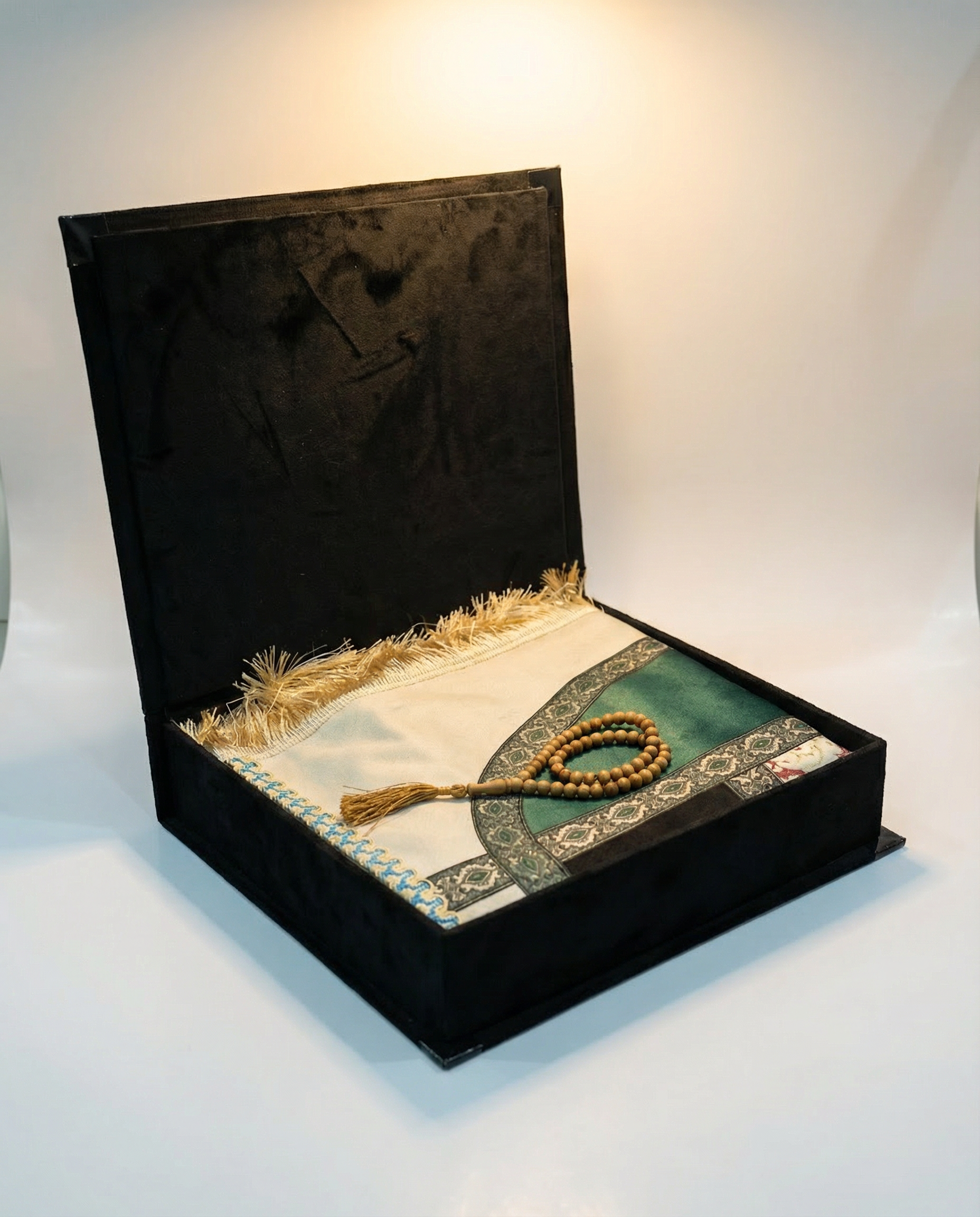 coffret cadeau religieux noir avec tapis tasbih et mibkhara
